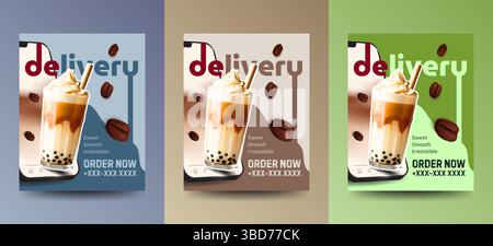 Modern coffee delivery poster set in blue, brown, and green. Features iced coffee with cream, tapioca pearls, and bold text. Perfect for ads, cafes Stock Vector