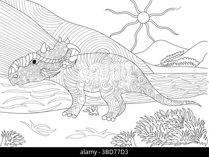 Detailed black and white line art illustration of a stylized prehistoric dinosaur featuring intricate patterns, set in a landscape with mountains, wat Stock Vector