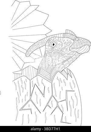 A detailed black and white line art illustration of a baby dinosaur hatching from a cracked egg, rendered in an intricate Zentangle-inspired pattern s Stock Vector