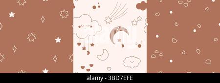 A set of four minimalistic children's patterns.. The repeated images contains colored elements, twigs, raindrops, rainbows and different shapes. Stock Vector