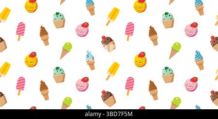 Ice cream with various flavors in a pattern seamless background for summer. Stock Vector