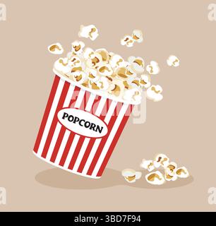 Popcorn in striped bucket fast food for watching cinema. Stock Vector