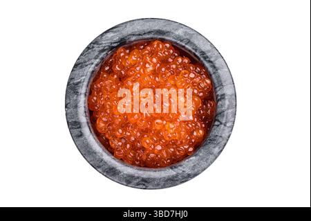 Exquisite salmon roe, vibrant and rich, ideal for adding a touch of elegance to your culinary creations. isolated on white background. top view. Stock Photo