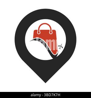 Travel shop logo vector template. Shop plane and gps logo. Sale and travel symbol or icon. Stock Vector