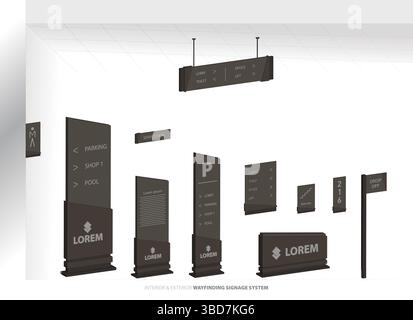 Wayfinding system 3D signage mockup set Direction signs Exterior and interior way finding design. Stock Vector