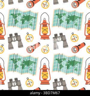 Seamless pattern with camping elements on white background. Colorful vector flat style. Hand drawn design for fabric, print, wrapper, textile Stock Vector