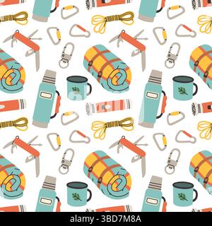 Seamless pattern with camping elements on white background. Colorful vector flat style. Hand drawn design for fabric, print, wrapper, textile Stock Vector