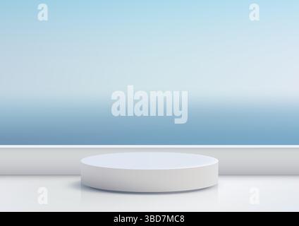 minimalist white cylindrical podium on a gradient blue sky backdrop, perfect for product placement mockups, advertising, or brand showcases in a clean Stock Vector