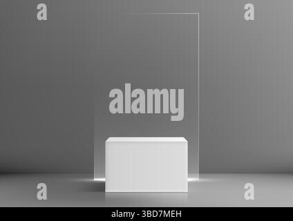 white rectangular pedestal stands on a reflective gray surface with a clear glass panel backdrop, minimalist product mockups, advertising, or modern s Stock Vector