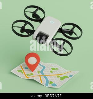 Smart Navigation And Surveillance Technology. White Drone Flying Over City Map With Location Marker On Green Background. 3d Rendering Stock Photo