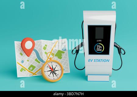 Eco Travel And Navigation Concept. EV Charging Station With Map And Compass On Cyan Background. 3d Rendering Stock Photo