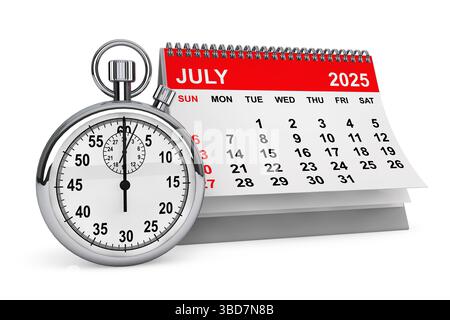 2025 Year July Calendar with Stopwatch on a white background. 3d rendering Stock Photo