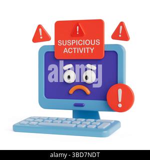 Cybersecurity Alert Concept. Sad Computer Screen With Warning Signs And Suspicious Activity Message on White Background. 3d Rendering Stock Photo
