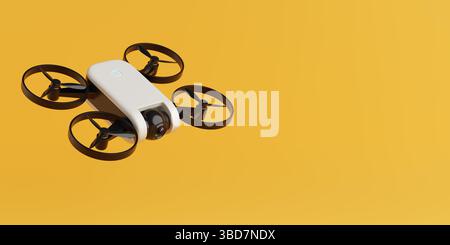 Modern Technology And Aerial Photography Concept. White Quadcopter Drone With Camera And Black Propellers Isolated On Yellow Background. 3d Rendering Stock Photo
