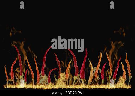 Composite image of hot chilli pepper and fire flames on black background Stock Photo