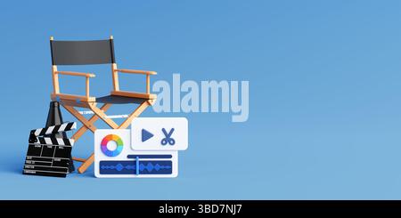 Movie Production And Video Editing Concept. Directors Chair With Clapperboard And Editing Interface On Blue Background. 3d Rendering Stock Photo