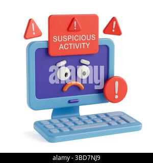 Cybersecurity Alert Concept. Sad Computer Screen With Warning Signs And Suspicious Activity Message on White Background. 3d Rendering Stock Photo