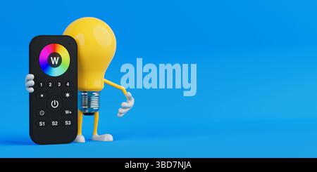 Smart Control Concept. Yellow Cartoon Light Bulb Character Holding LED Light Remote With Color Wheel on a Blue Background. 3d Rendering Stock Photo