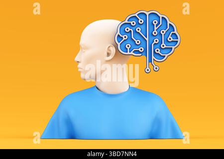 Artificial Intelligence And Human Integration Concept. Human Bust With Circuit Brain On Vibrant Orange Background. 3d Rendering Stock Photo