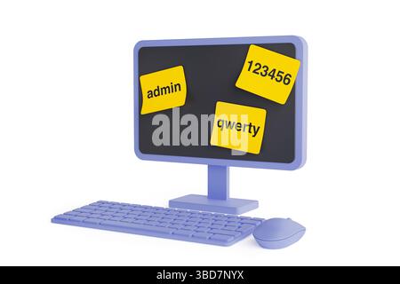 Cybersecurity Risk From Weak Passwords. Computer Monitor With Sticky Notes Showing Common Passwords on a White Background. 3d Rendering Stock Photo