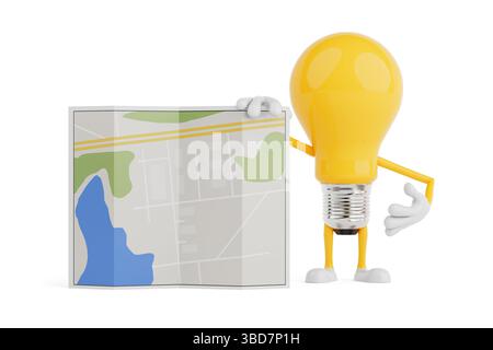 Navigation And Travel Concept. Yellow Light Bulb Character Holding Folded City Map With Streets And Landmarks On White Background. 3d Rendering Stock Photo