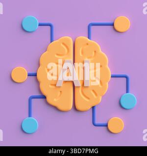 Artificial Intelligence Brain Concept. Orange Brain With AI Letters And Neural Nodes On Purple Background. 3d Rendering Stock Photo