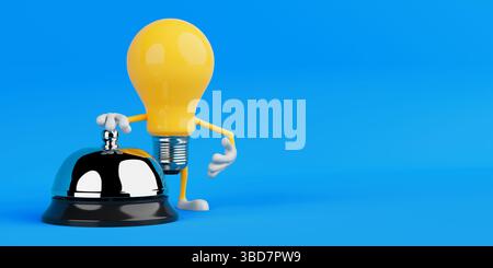 Customer Service Concept. Yellow Cartoon Light Bulb Character Pressing Silver Service Bell On Blue Background. 3d Rendering Stock Photo