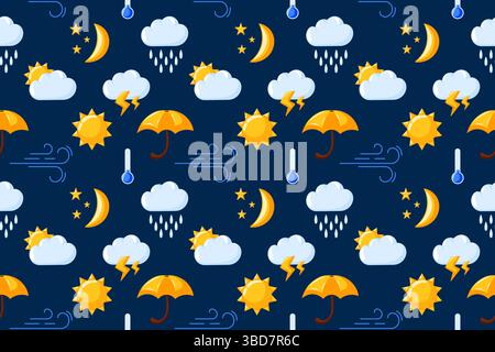 Seamless pattern with weather icon on dark blue background in cartoon style. Sun, clouds, rain, raindrops, umbrella, wind design for cloth, wallpaper Stock Vector