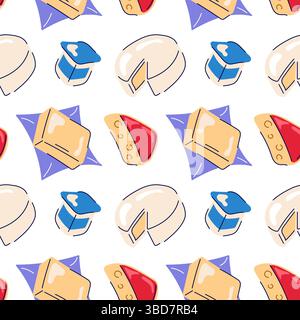 Seamless pattern of cheese pieces with holes, yogurt and butter in flat style. Wallpaper of grocery dairy product on a white background. Stock Vector