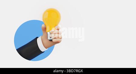 Creative Business Idea Concept. 3D Cartoon Hand In Suit Holding Yellow Light Bulb On Blue Background. 3d Rendering Stock Photo