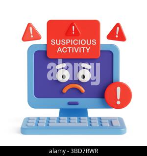 Cybersecurity Alert Concept. Sad Computer Screen With Warning Signs And Suspicious Activity Message on White Background. 3d Rendering Stock Photo