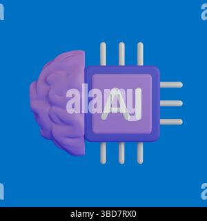 Artificial Intelligence Concept. Brain Connected To Microchip With AI Letters On Blue Background. 3d Rendering Stock Photo