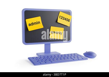 Cybersecurity Risk From Weak Passwords. Computer Monitor With Sticky Notes Showing Common Passwords on a White Background. 3d Rendering Stock Photo
