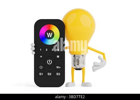 Smart Control Concept. Yellow Cartoon Light Bulb Character Holding LED Light Remote With Color Wheel on a White Background. 3d Rendering Stock Photo