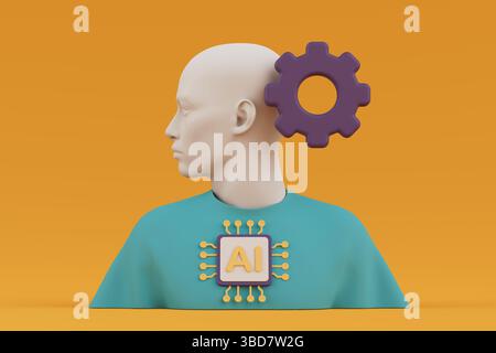 Artificial Intelligence And Human Integration Concept. Stylized Human Head With AI Chip And Gear On Orange Background. 3d Rendering Stock Photo