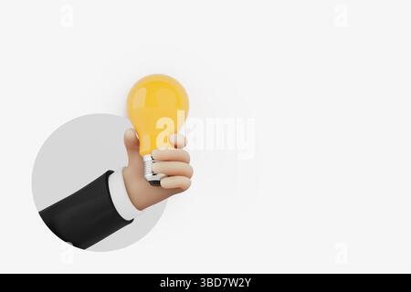 Creative Business Idea Concept. 3D Cartoon Hand In Suit Holding Yellow Light Bulb On White Background. 3d Rendering Stock Photo