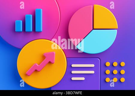 Data Visualization And Analytics Concept. Colorful 3D Charts And Graph Elements On Vibrant Gradient Background. 3d Rendering Stock Photo