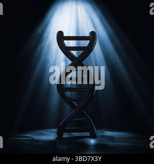 Genetic Research And Science Concept. Glossy Black Dna Helix Standing Under Dramatic Blue Spotlight On Dark Background. 3d Rendering Stock Photo