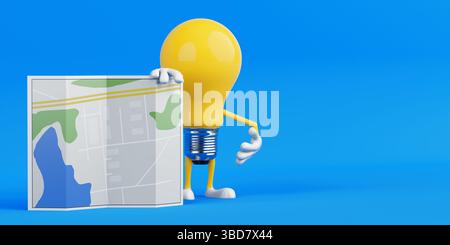 Navigation And Travel Concept. Yellow Light Bulb Character Holding Folded City Map With Streets And Landmarks On Blue Background. 3d Rendering Stock Photo