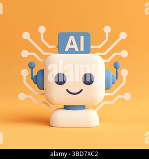 Artificial Intelligence Concept. Cute Smiling Robot Head With AI Sign And Circuit Lines On Orange Background. 3d Rendering Stock Photo