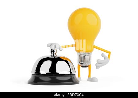 Customer Service Concept. Yellow Cartoon Light Bulb Character Pressing Silver Service Bell On White Background. 3d Rendering Stock Photo