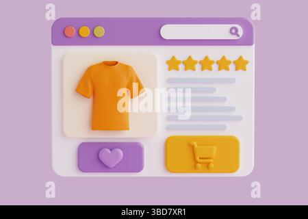 Ecommerce Shopping Concept. Colorful Online Store Interface With T-Shirt Product Page On Purple Background. 3d Rendering Stock Photo