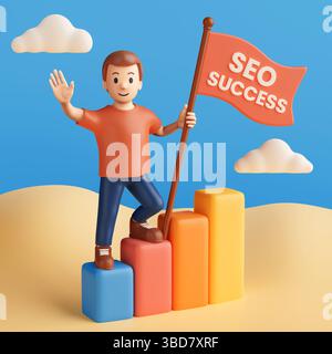 Digital Marketing Concept. Cartoon Man Holding SEO Success Flag Standing On Colorful Bar Graph Against Sky Background. 3d Rendering Stock Photo