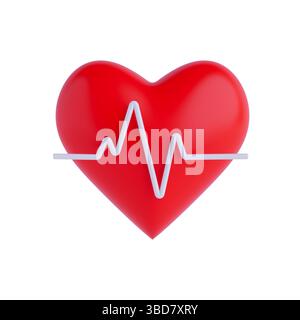 Health And Heartbeat Concept. Red Heart With White Cardiogram Line Icon Isolated On White Background. 3d Rendering Stock Photo