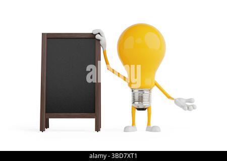 Presentation And Announcement Concept. Yellow Cartoon Light Bulb Character Standing Beside Blank Black Chalkboard On White Background. 3d Rendering Stock Photo