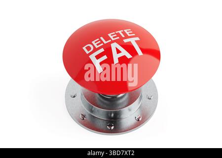 Weight Loss And Fitness Concept. Large Red Button With Text Delete Fat Mounted On Metallic Base Isolated On White Background. 3d Rendering Stock Photo