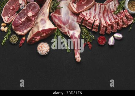 Assortment of various raw lamb cut parts with copy space Stock Photo