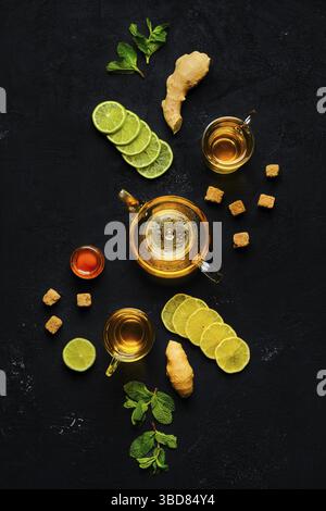Composition with tonic drink with ginger, lemon, honey and mint Stock Photo