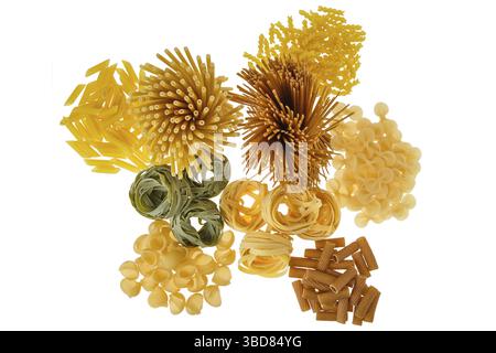 Overhead view of various kinds of pasta isolated on white background Stock Photo