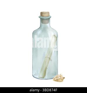 An old glass bottle with stopper, with a scroll inside, a watercolor illustration. A sea bottle with a note and a shell, isolated on a white backgroun Stock Photo